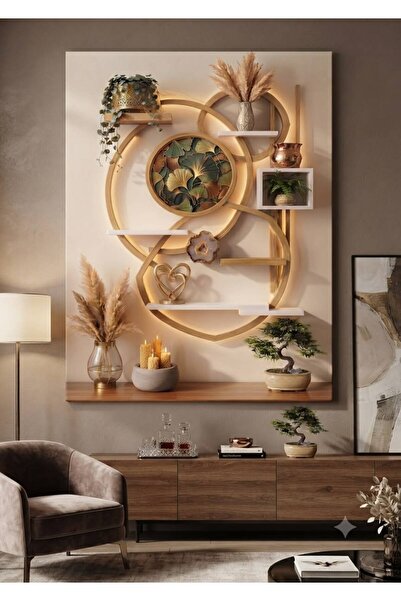 zeyrada Premium Modern Dekorasyon Kanvas Tablo Işıklı Geometrik Raflar ve Kab...