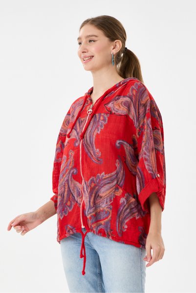 della moor Red Italian Shawl Pattern Hooded Zippered Oversize Jacket Blouse 38 - 46 Size