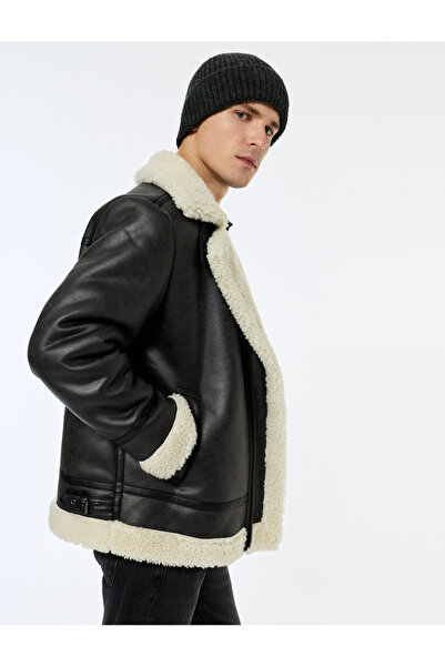 Koton Slim Fit Plush Collar Faux Suede Jacket with Flap Pockets and Snap Butt...