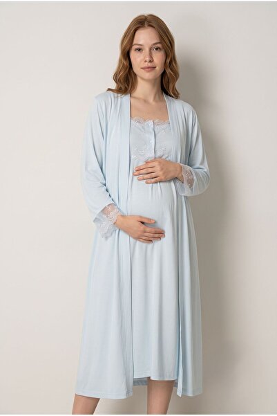 Pelin Women's Blue Lace Detailed Maternity Nightgown Set with Nursing Detail ...