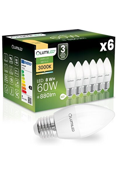 Lumiled 6x Bec LED E27 tip lumânare B35 8W = 60W 880lm 3000K Cald 180 °