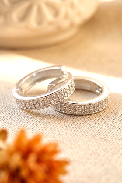 Elika Silver 925 Ayar Gümüş Çift Sıra Zirkon Taşlı Halka Küpe