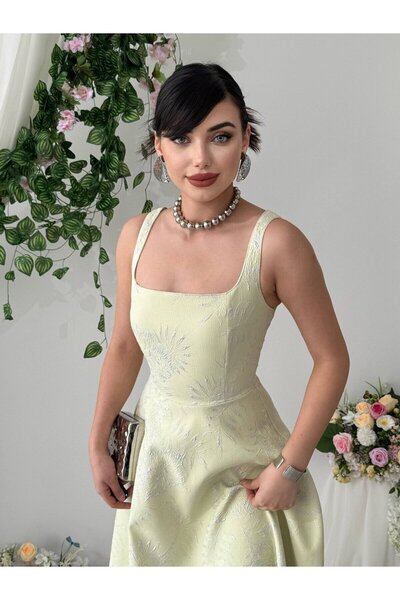 Moda Days فستان ساري ميدي نسائي بياقة مربعة وحزام مزين بنقشة على شكل حرف A، ف...