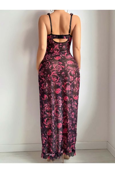 ESPERE Rose Patterned Ruffled and Slit Dowry Dress Transparent Long Dress