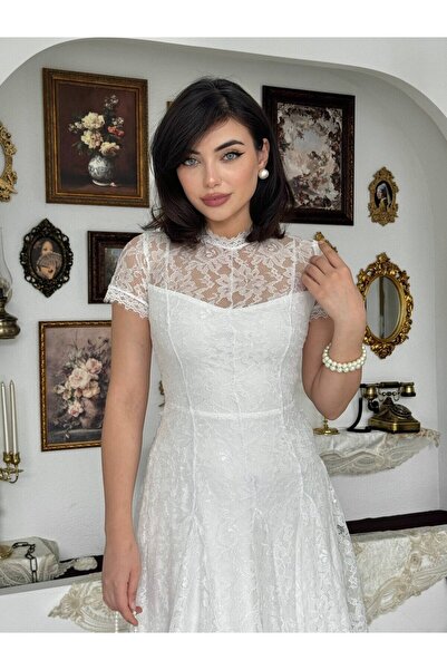 Moda Days Women's White Lace Long Dress with High Collar, Short Sleeves, Fitt...