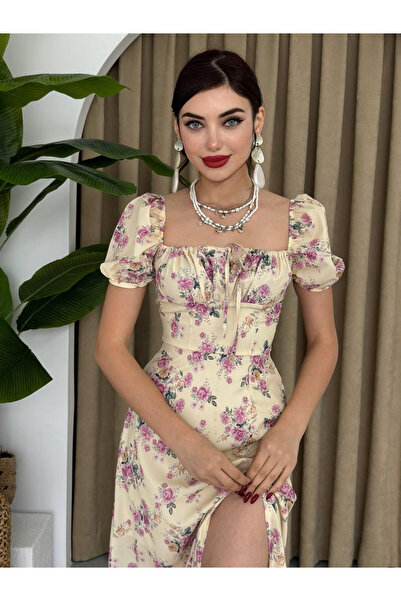 Moda Days Women's Beige Midi Dress Square Collar Balloon Sleeves Floral Patte...