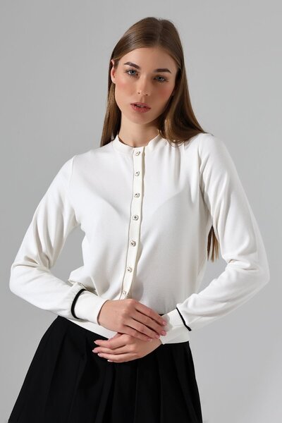 comstar Women's Summer Buttoned Long Sleeve Stylish Ecru Blouse