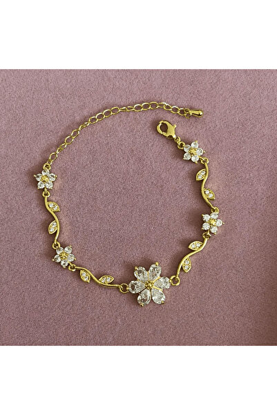 Zümrütoyuncakstore Flower Model Steel Bracelet 18 cm Steel Bracelet with Whit...