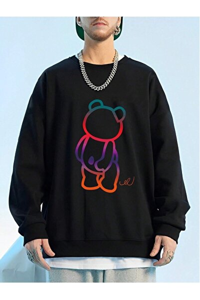 JENOLAN Men's Color Bear Printed Crew Neck Unisex Black Oversize Sweatshirt