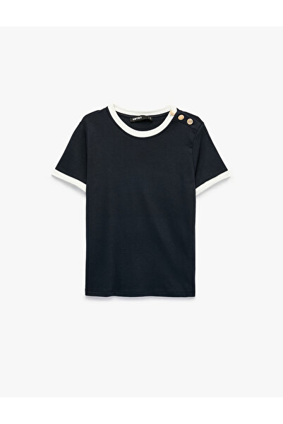 Koton Cotton Color-Contrast Trim Decorated Buttoned Crew Neck Short Sleeve T-...
