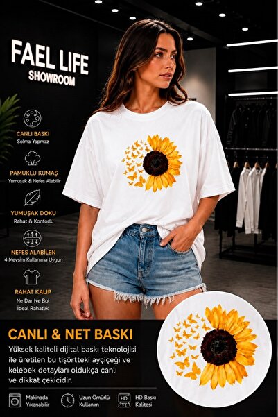FAEL LİFE Μπλουζάκι Unisex με φαρδιά γραμμή, με στάμπα ηλίανθου και χαμομηλιού