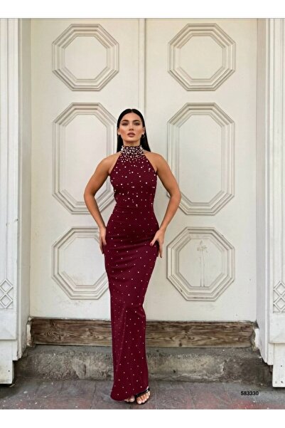 Modafeminen Crepe Stretch Fabric Long Sleeve Turtleneck Evening Dress with St...