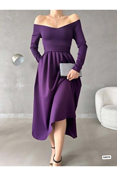 Modafeminen Purple Boat Neck Long Sleeve Midi Length Evening Dress 58375