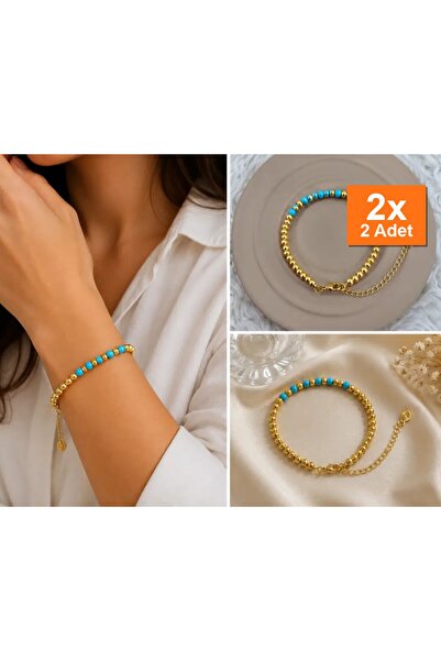 Bozhi Turquoise Bead Detailed Gold Color Bracelet Gold Jewelry Design Steel S...