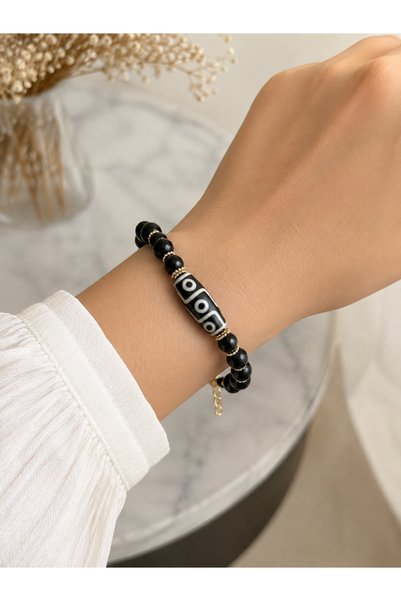 Leyandoğaltaş Tibetan Agate and Onyx Natural Stone Bracelet – Adjustable Unisex Design with Gold Detail