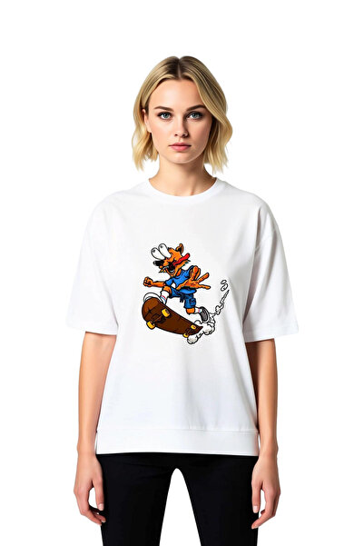 PayBuy Tricou supradimensionat pentru femei, cu imprimeu cu lupul skater, cu ...