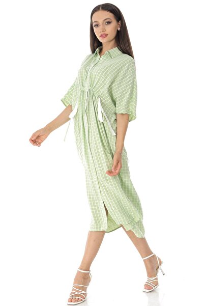 ROH Rochie cămașă supradimensionată, Aimelia Dr4432, în verde/alb cu șnururi ...