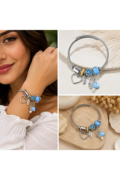 Bozhi Blue Heart and Butterfly Accessory Detailed Silver Color Women's Bracel...