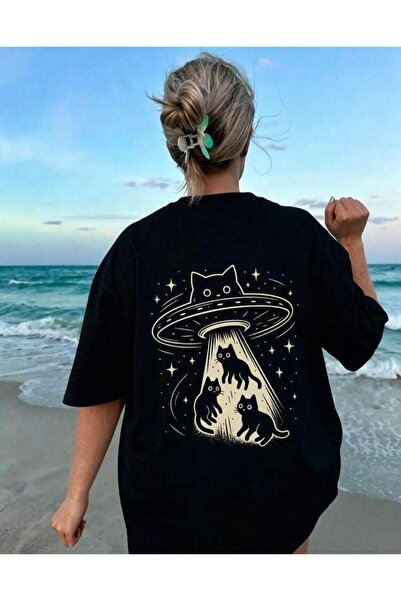 Oceanwear Alien Cat, Star Printed Short Sleeve Crew Neck Unisex Plain Black T...