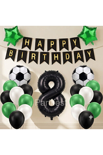 Partifest Futbol Konseptli Doğum Günü Süsleme Seti 8 Yaş– Siyah Gold Happy Bi...