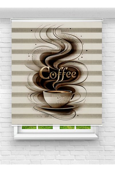 vanilyahome Mutfak Odası Coffee Temalı Dijital Baskılı Zebra Perde Stor Perde