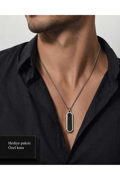 HER ŞEY NOTA www.herseynota.com Silver Color Modern Men's Necklace with Black...