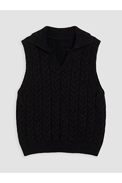 LC Waikiki Siyah Polo Yaka Desenli Kız Çocuk Triko Süveter