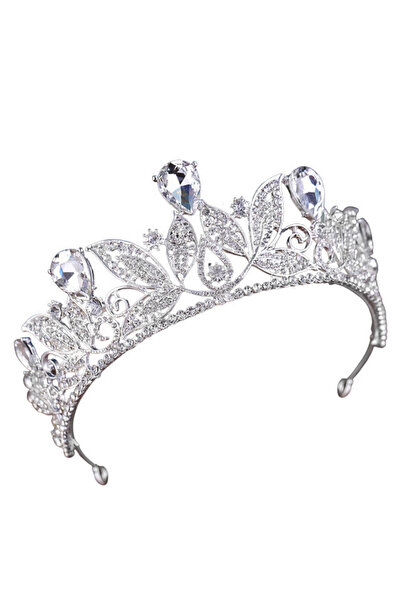 VeeShop Кралска тиара Титания, с листа с кръгли кристали и големи капки - Сре...