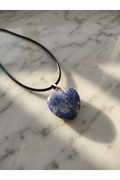 Meneva Aksesuar Lapis Lazuli Natural Stone Heart Cut Leather Cord Necklace