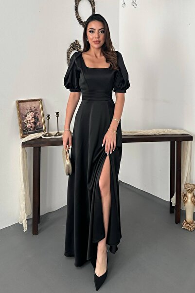 Moda Days Women's Black Satin Square Neck Balloon Sleeve Waist Detailed Slit ...