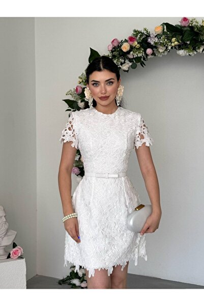 Clothes Fast Women's White Mini Dress with Guipure Lace Belt Detail and Short...