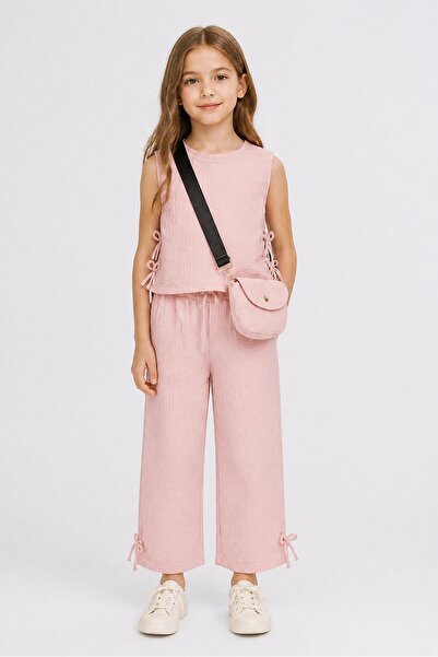 Miss Kids Girl 3 Pcs Textured Top And Pants With Cross Body Bag Set, Pink
