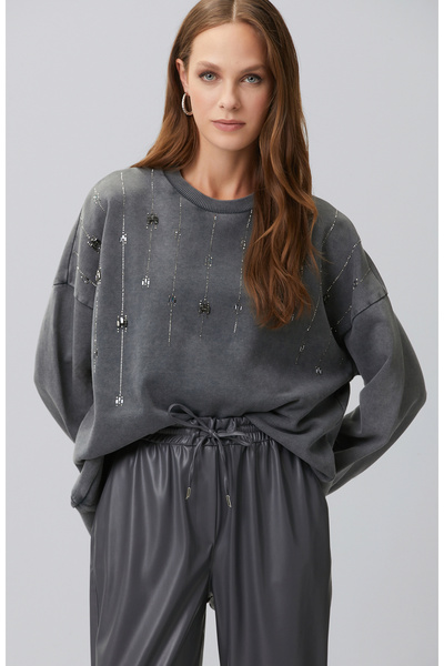 Network Antrasit Taş Detaylı Yıkamalı Sweatshirt