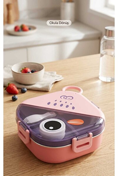 ALPA STORE Fixpoint 650 ML Lunch Box Paslanmaz Çelik Beslenme Yemek Kabı Çata...
