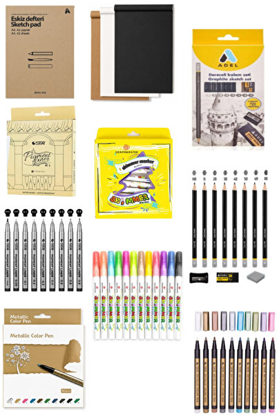 GLANCE Multi-Purpose Sketch Block Notebook A4 42 Yp Adel Graded Pen Set 8-Pie...