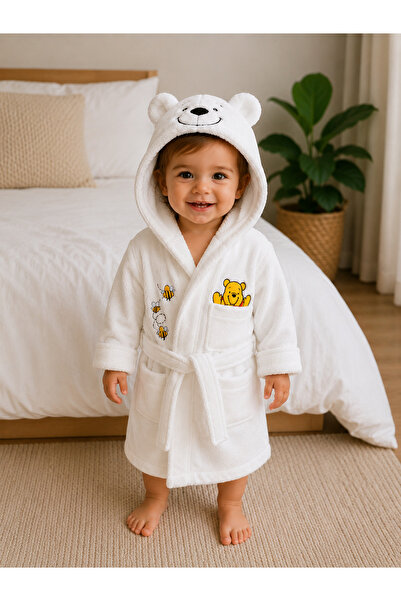 İQON Hooded Children's Bathrobe 100% Cotton – White with Honey Moon Pattern (...