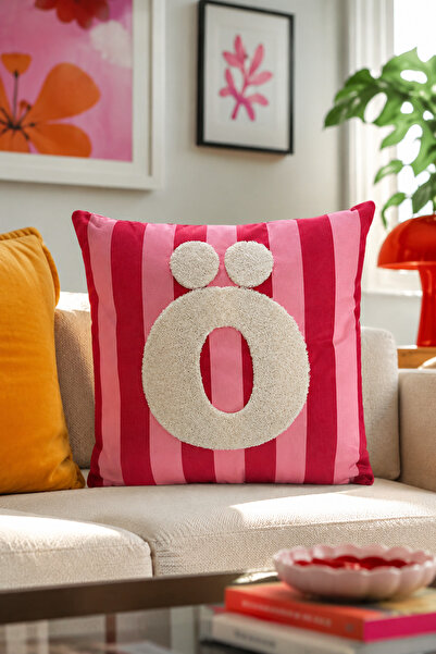 Pilloveland Punch Embroidered Throw Pillow Cover - 43*43 cm - Pink Letter O -...