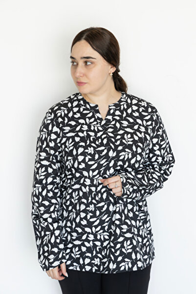 LINELLE Black White Leaf Print Ladies Shirt