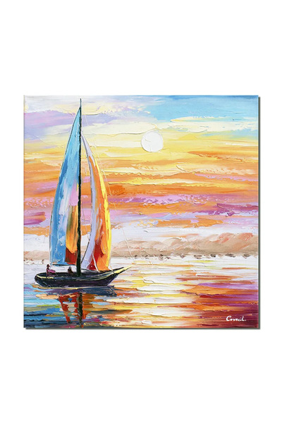 artnova 3D картина на залез с платноходка, ръчно рисувана, 50x50см, маслени б...