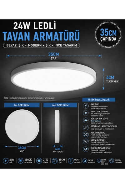 Kartek 24W Ledli Tavan Armatürü 35 Cm Beyaz Işık – İnce Dekoratif Led Tavan L...