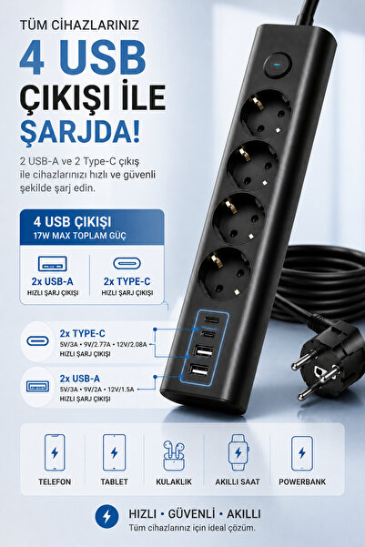Merwish Akım Korumalı Çoklu Priz 3680W 16A 230V – 4 Topraklamalı AC Priz, 2 USB-A, 2 Type-C, Isıya Dayanıklı Gövde