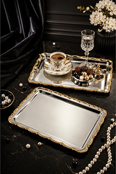 LOVELLO 2-Piece Luxury Gold Tea and Coffee Presentation Guest Tray Decoration...
