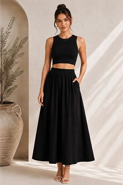 MetuCA Women's Black Cotton Poplin Lined Pinterest Maxi Long Skirt with Pockets