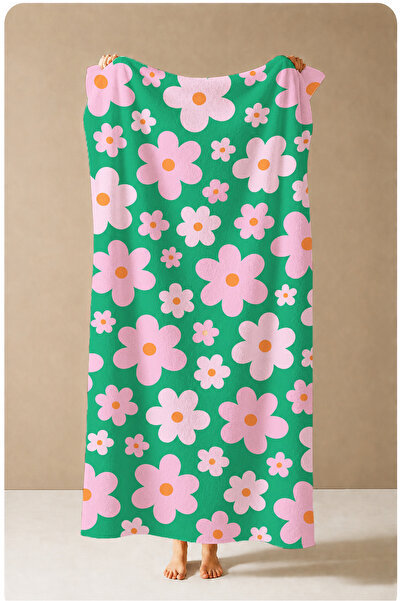 Evmila Retro Green Pink Daisy Patterned 70X150 Beach Towel - Digital Printed ...