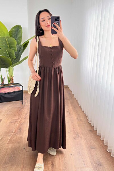 Moda Days Women's Brown Thick Strap Square Neck Button Detailed Gathered Long...