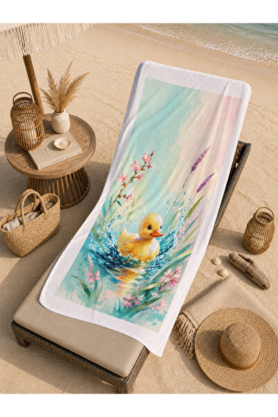 Evmila Pastel Watercolor Duckling Floral Patterned 70X150 Beach Towel - Digit...