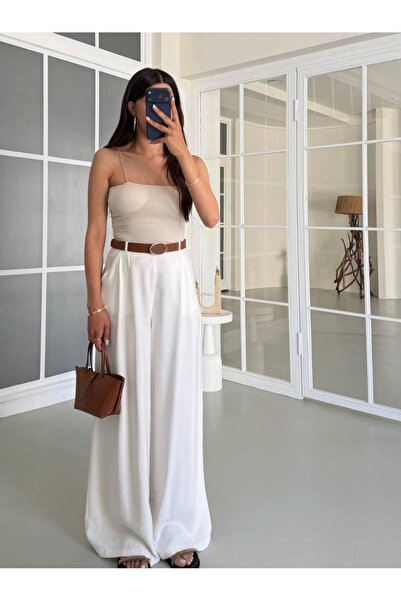 MAESTRO WOMAN Women's Off-White Belted Pocketed Pleated Palazzo Trousers