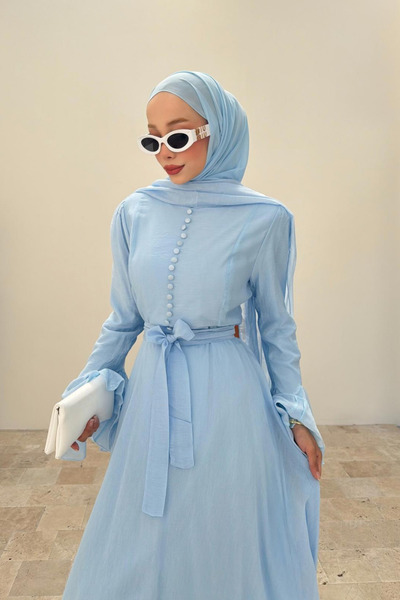 fushya design Volan Kollu Kaplama Düğmeli Kuşaklı Elbise