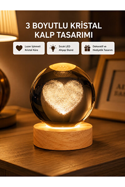 UCUZTEKNO Romantik Kalpli Kristal Cam Küre USB’li Işıklı Dekoratif Obje