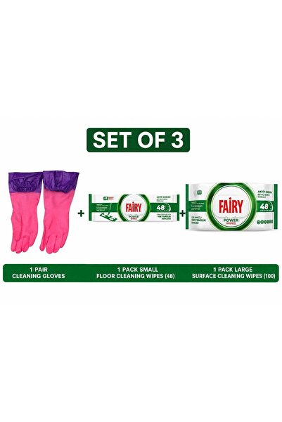 Fairy Set of 3 Cleaning Bundle – Long Rubber Gloves + Power Floor Cleaning Wi...